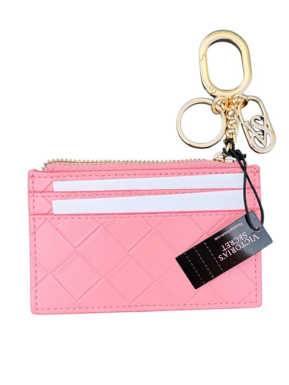 Victoria’s Secret Pink Quilted Card Case Keychain Wallet NWT Pink Zip Coin Pouch